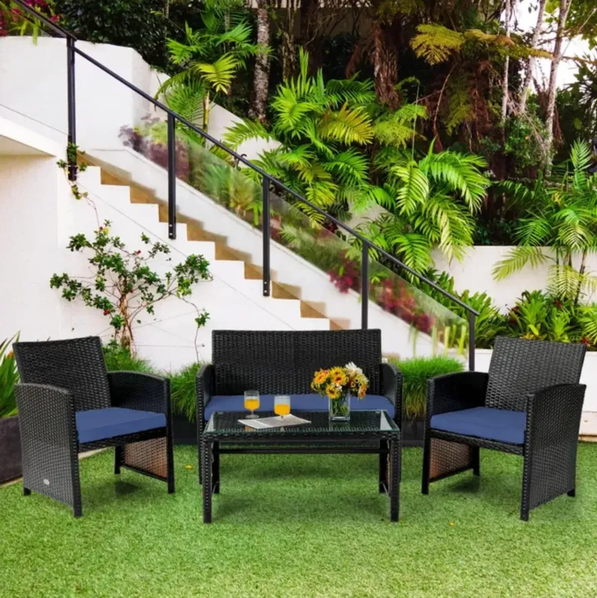 Hivvago 4 Pieces Patio Rattan Cushioned Furniture Set