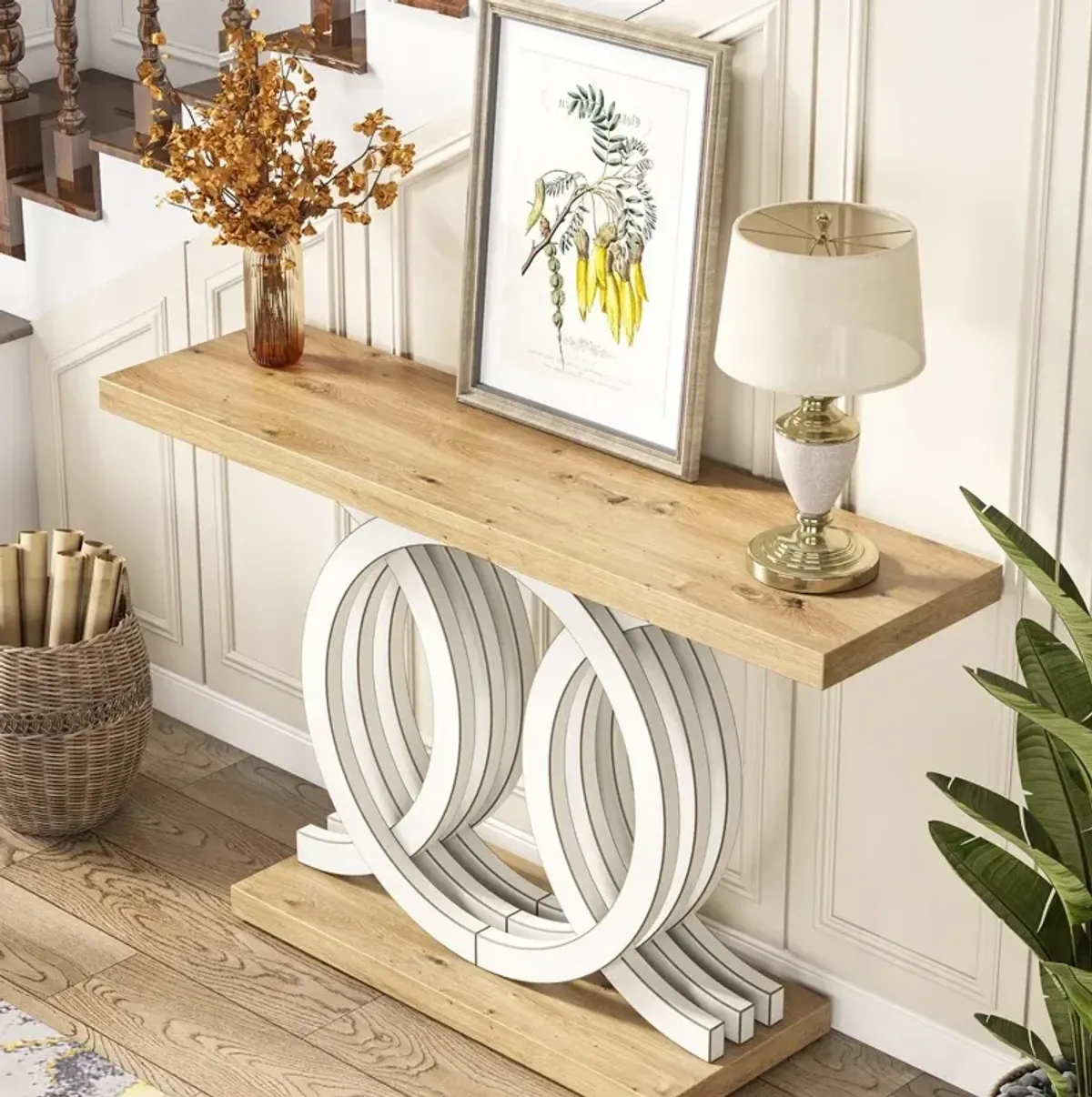 Console Table with Geometric Base, Modern Hallway Table, Wooden Entryway Table, Foyer Sofa Table, Unique Long Accent Table for Decoration, Deck Boxes