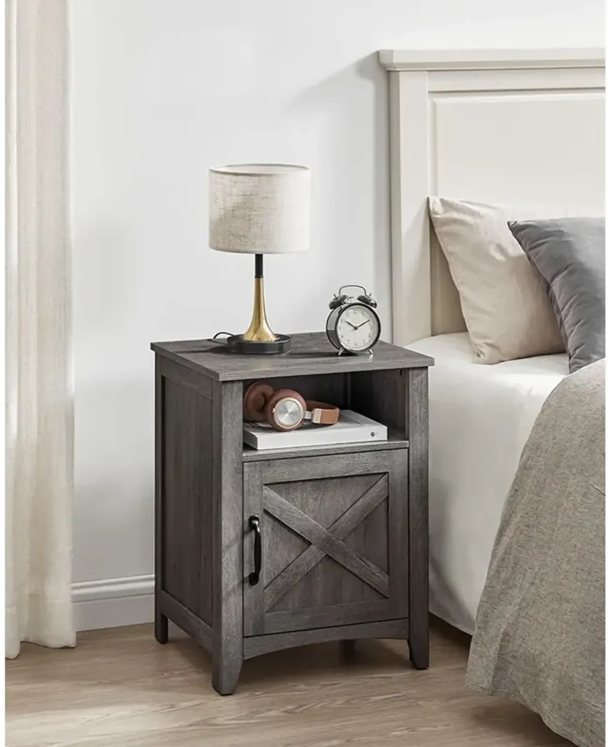 Farmhouse Nightstand with Barn Door Design for Rustic Bedroom Decor