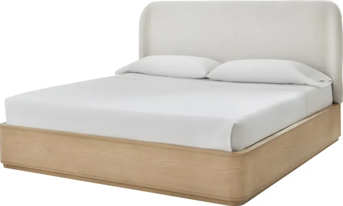 Penny Queen-size Linen Upholstered Platform Bed in Buff Cream Oak