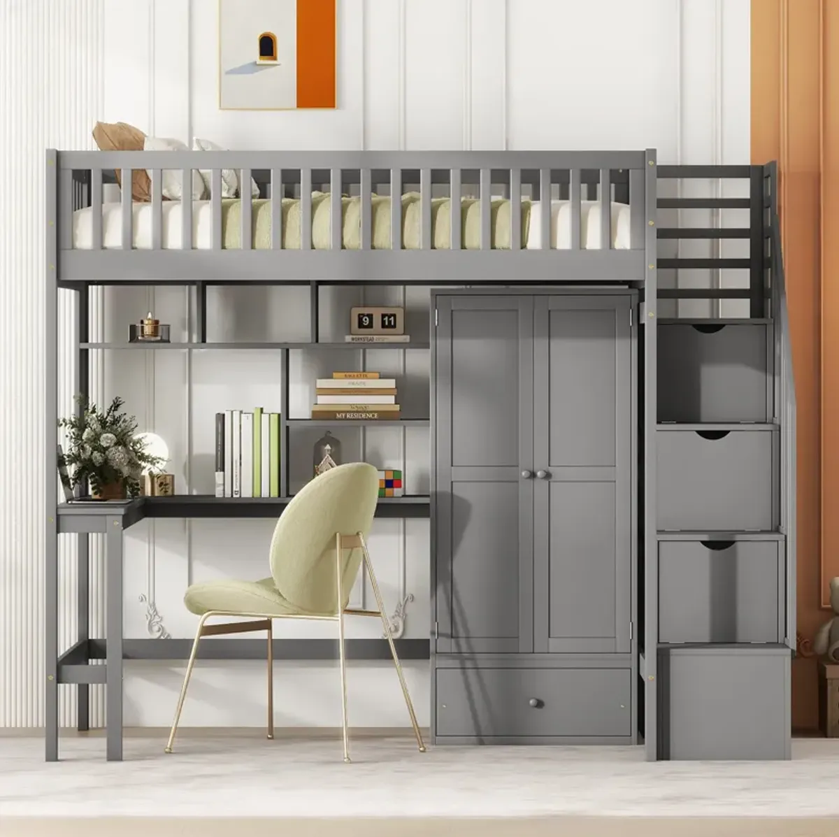 Merax Loft Bed with Bookshelf and Wardrobe