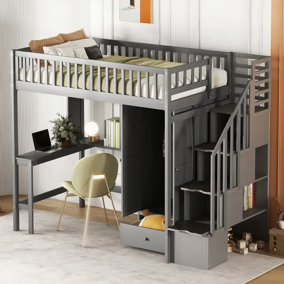 Merax Loft Bed with Bookshelf and Wardrobe