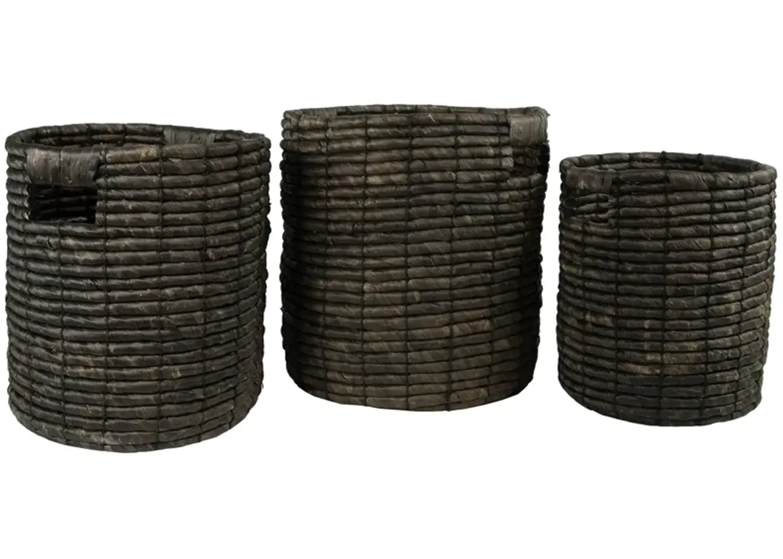 Set of 3 Dark Brown Natural Woven Table and Floor Cylindrical Seagrass Baskets