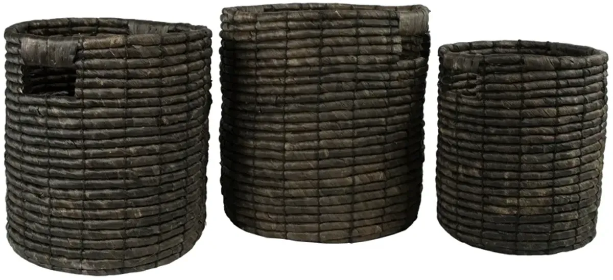 Set of 3 Dark Brown Natural Woven Table and Floor Cylindrical Seagrass Baskets