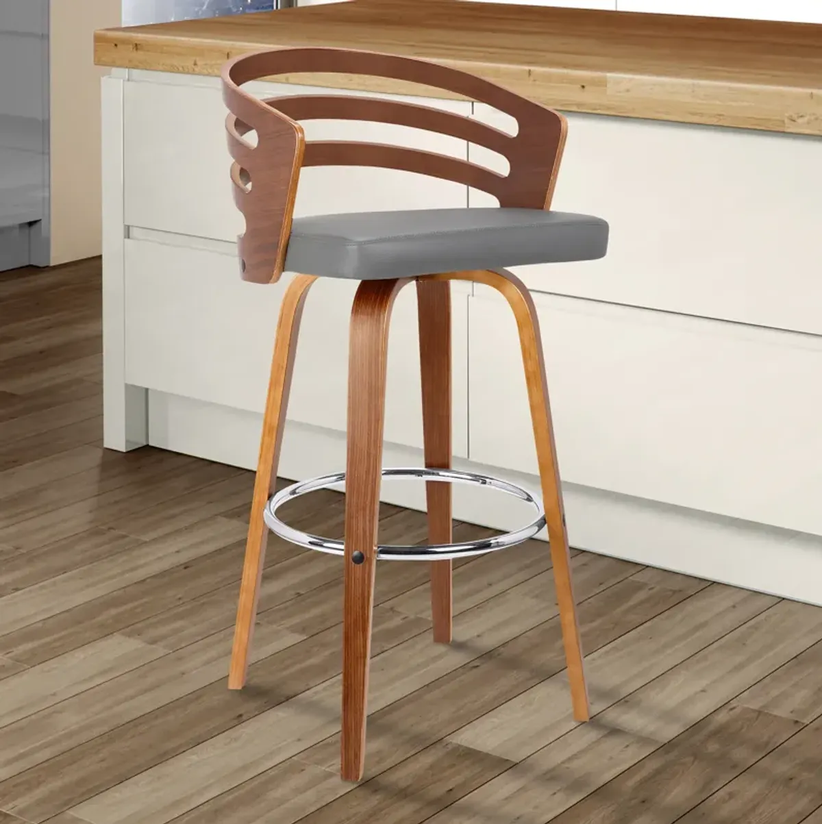 Jayden  Counter Height Swivel Grey Faux Leather and Walnut Wood Bar Stool