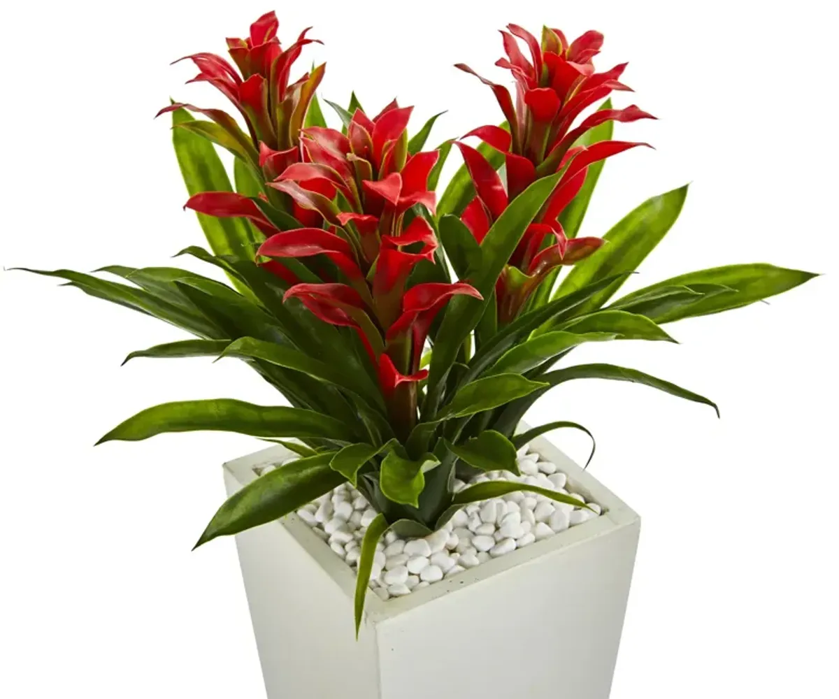 Hivvago Triple Bromeliad Artificial Plant in White Tower Planter - Red