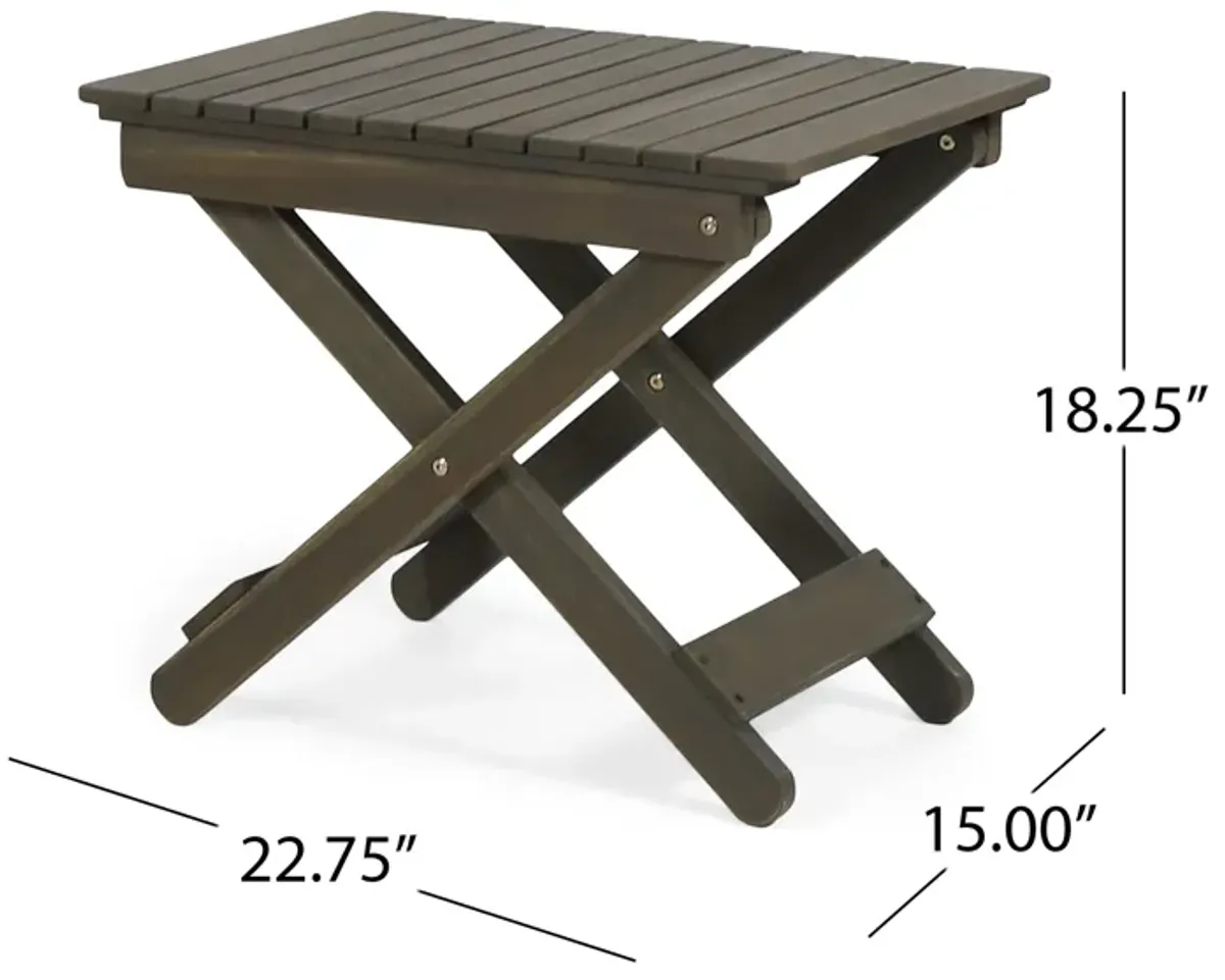 Kyre Outdoor Side Table, Foldable Slatted 23 Inch, Neutral Gray Acacia Wood - Benzara