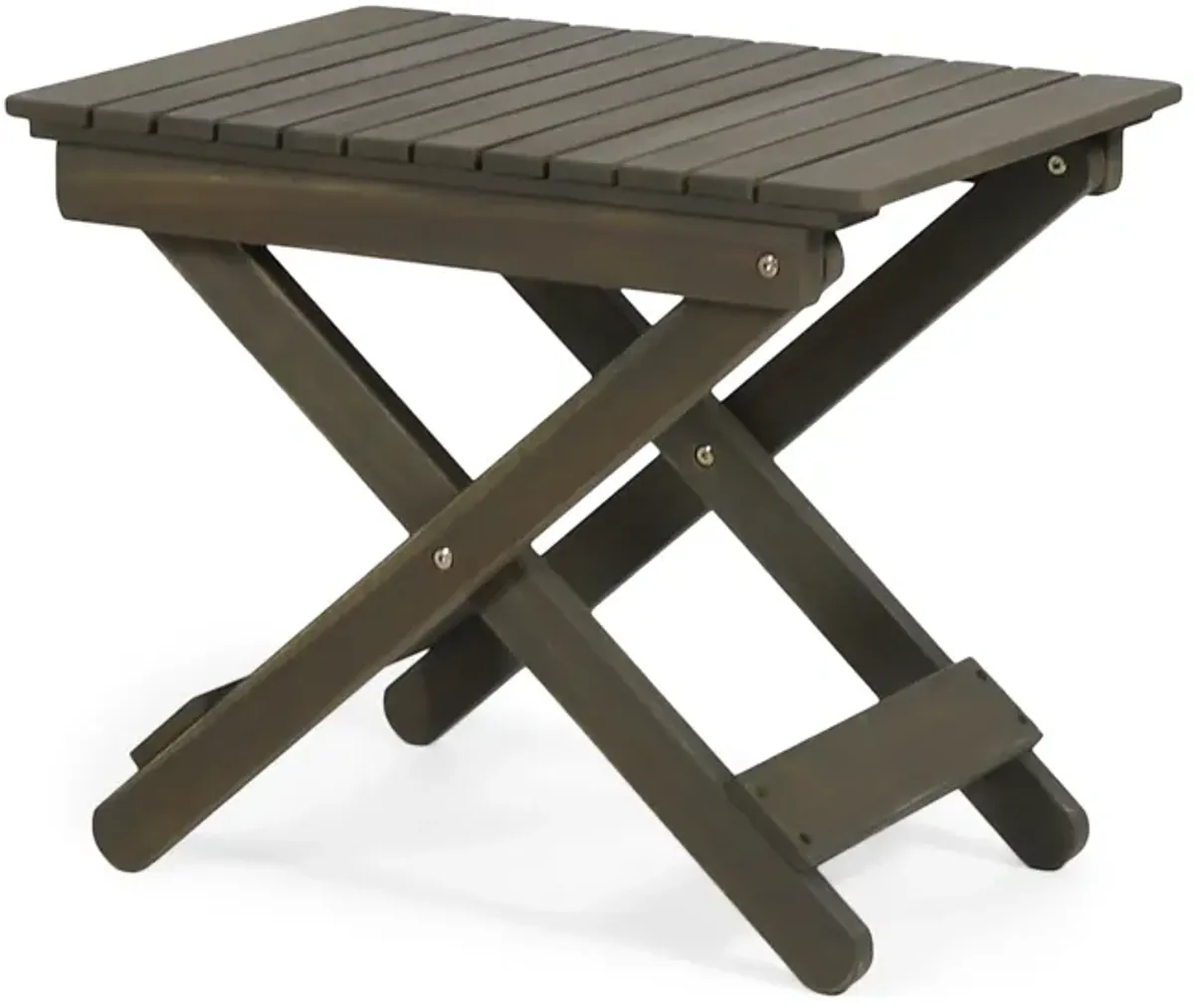 Kyre Outdoor Side Table, Foldable Slatted 23 Inch, Neutral Gray Acacia Wood - Benzara