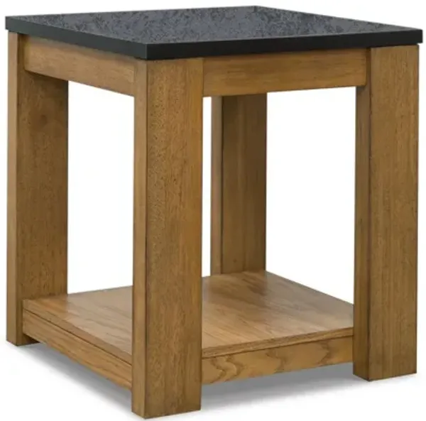 Enty Side End Table, Classic Faux Stone Top, 22 Inch Light Brown Wood - Benzara