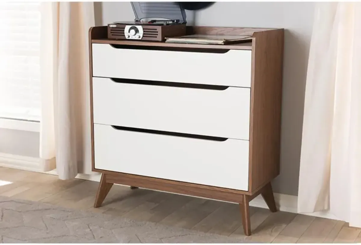 Brighton Mid-Century Modern White and Walnut Wood 3-Drawer Storage Chest