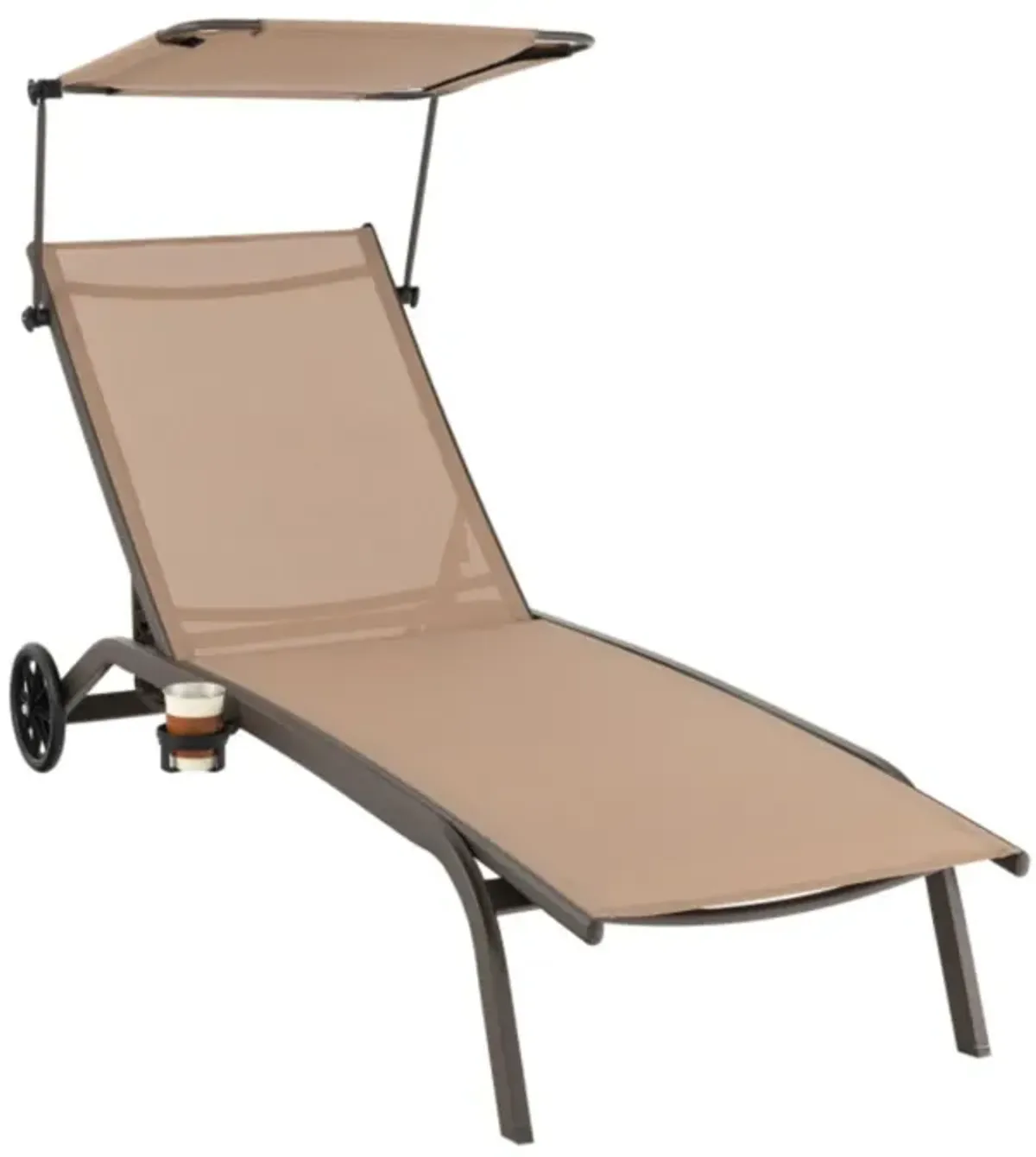 Hivvago Patio Heavy-Duty Adjustable Chaise Lounge Chair with Canopy Cup holder and Wheels-Brown