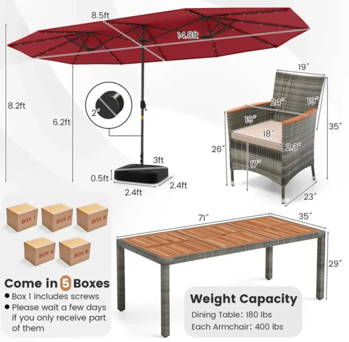 Hivvago 11 Pieces Patio Dining Set with 15 Feet Double-Sided Patio Umbrella Base Included