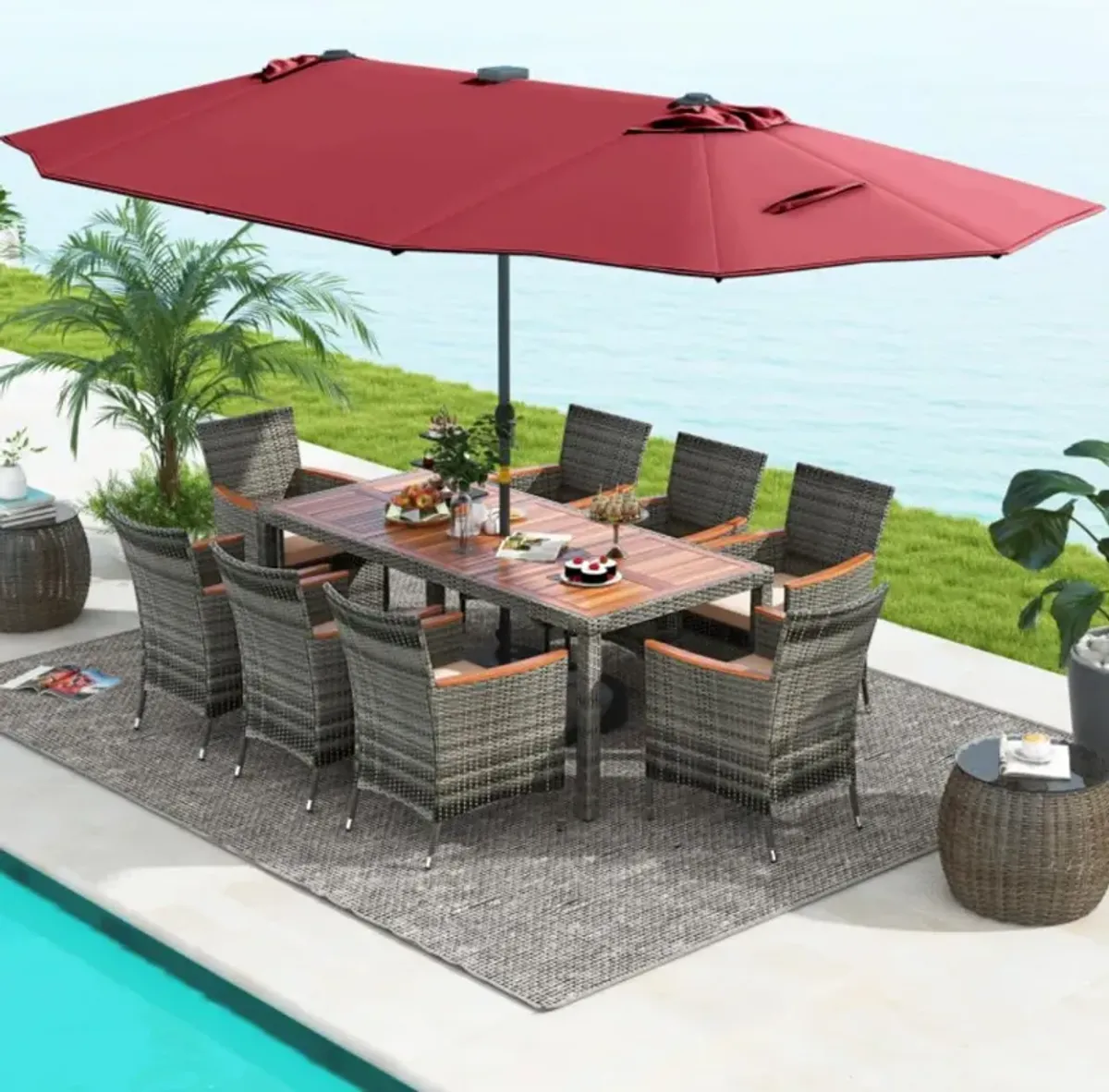 Hivvago 11 Pieces Patio Dining Set with 15 Feet Double-Sided Patio Umbrella Base Included