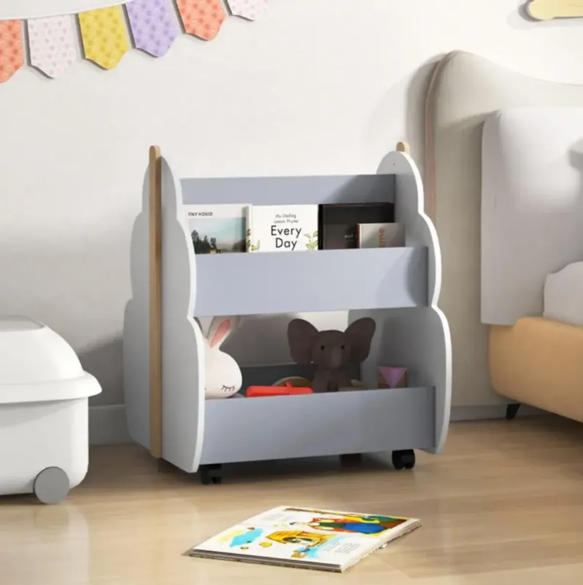 Hivvago Kids Wooden Bookshelf with Universal Wheels-Gray