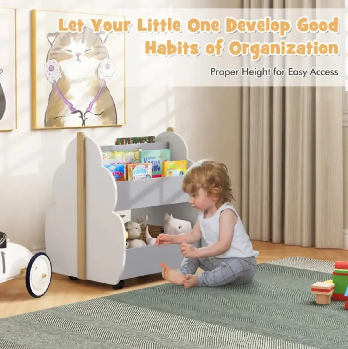 Hivvago Kids Wooden Bookshelf with Universal Wheels-Gray