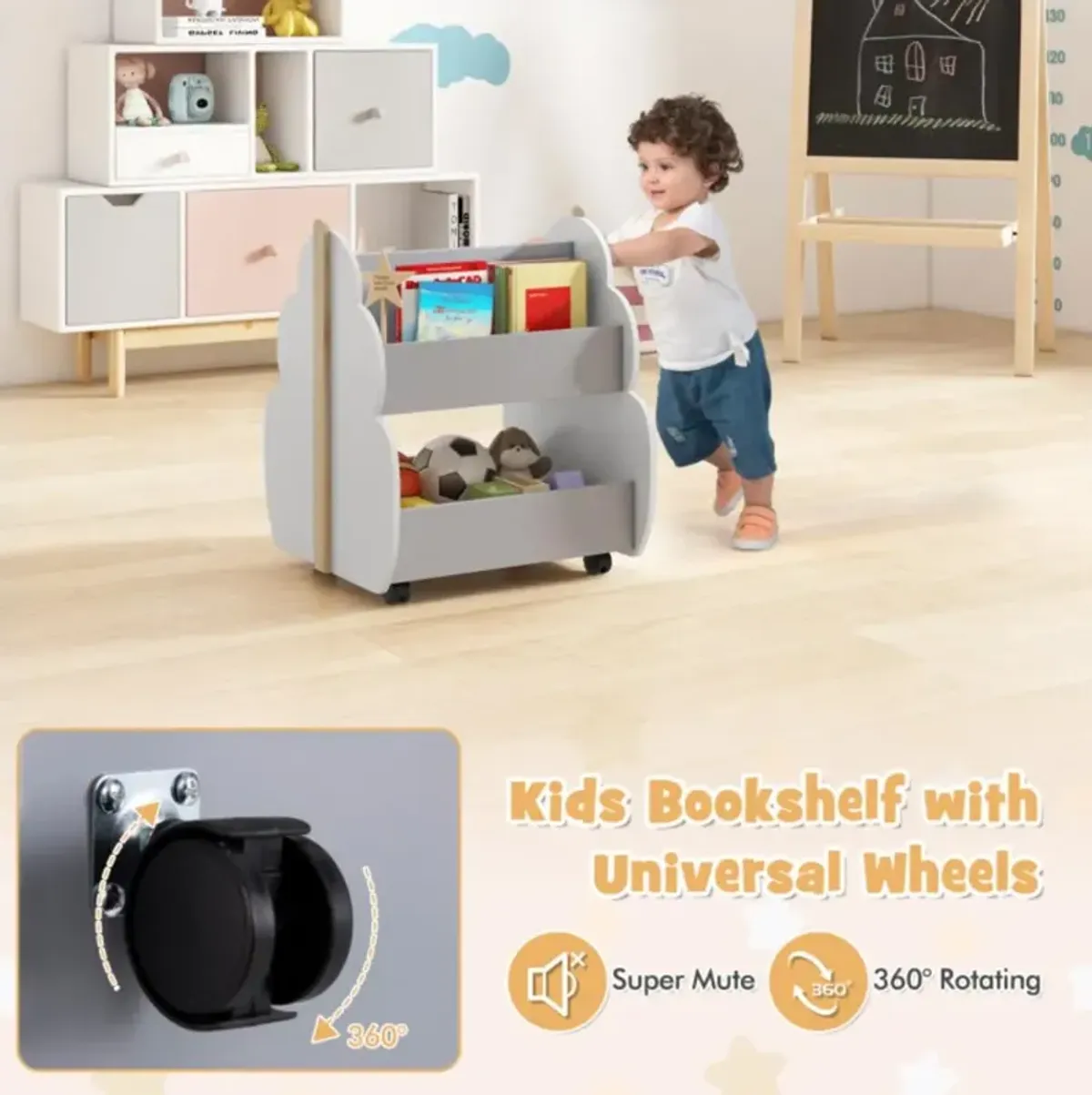 Hivvago Kids Wooden Bookshelf with Universal Wheels-Gray