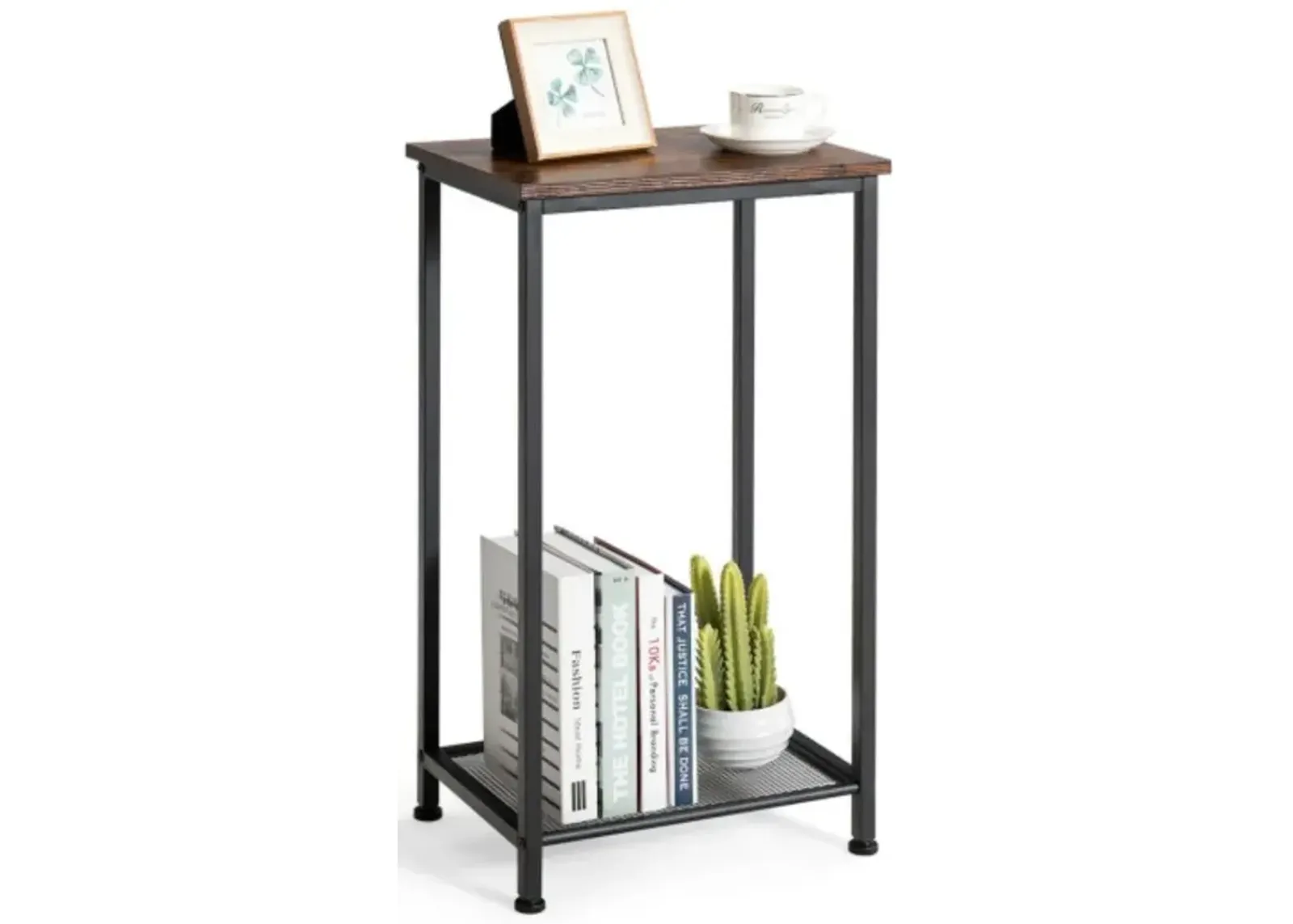 2-Tier Industrial End Table with Metal Mesh Storage Shelves