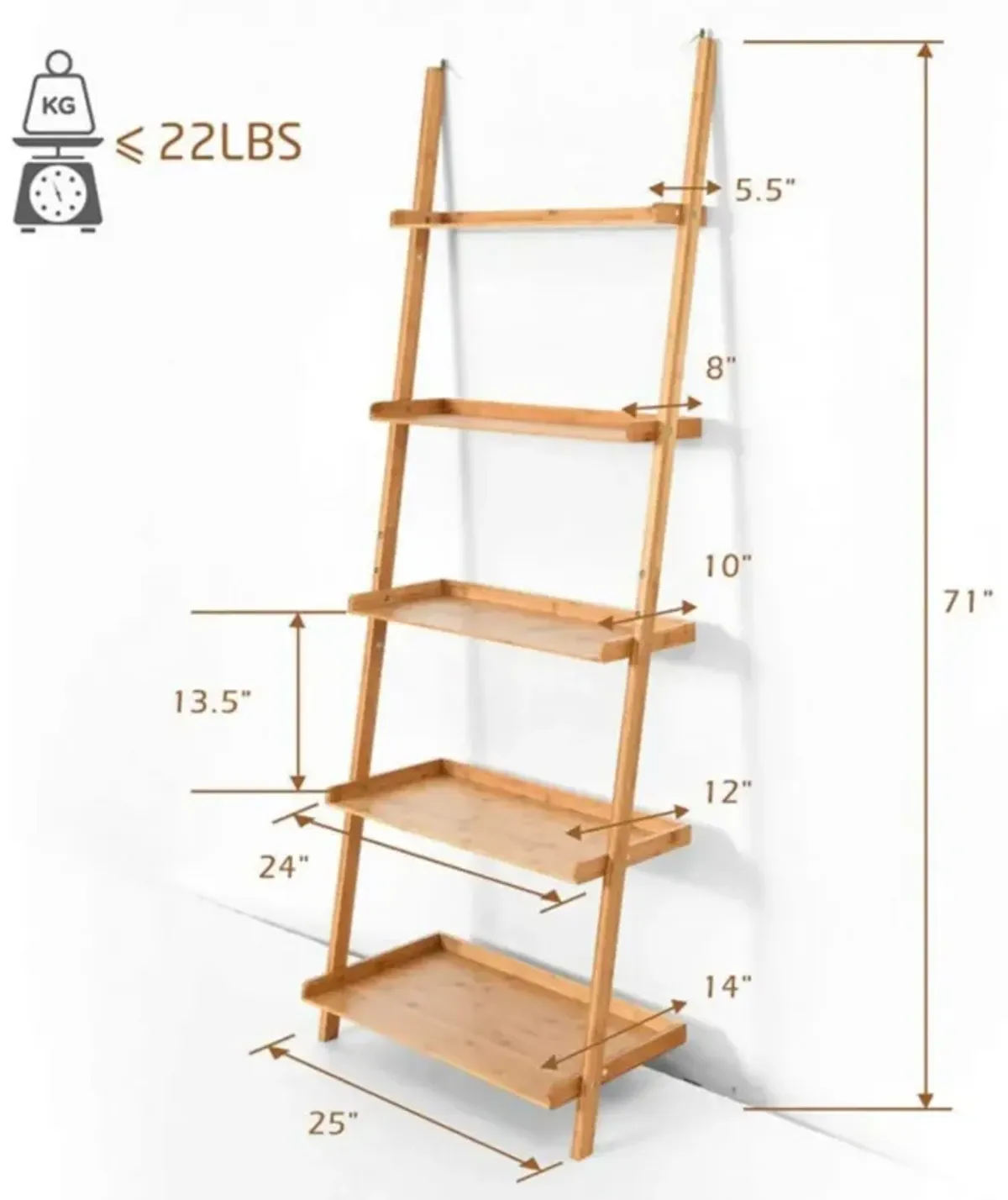 Hivvago 5-Tier Ladder Shelf Bamboo Bookshelf Wall-Leaning Storage Display Plant Stand-Natural