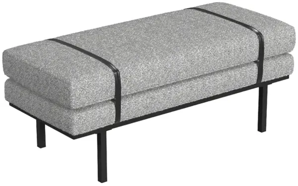 Bench, Black Metal Base, Gray Boucle and Yarn, Faux Leather, 46 Inch - Benzara