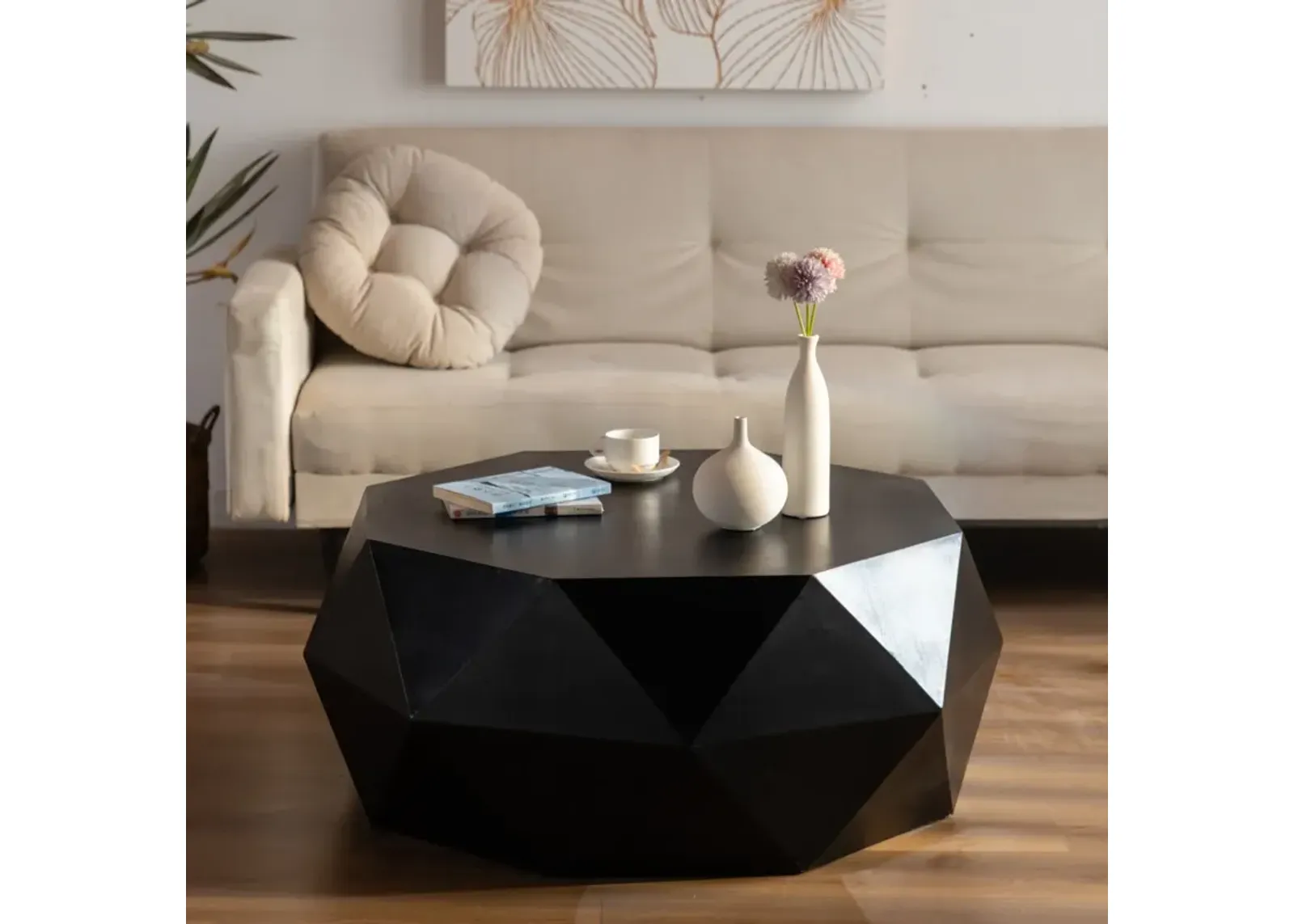 38"Threedimensional Embossed Pattern Design American Retro Style Coffee Table, Black Tabletop