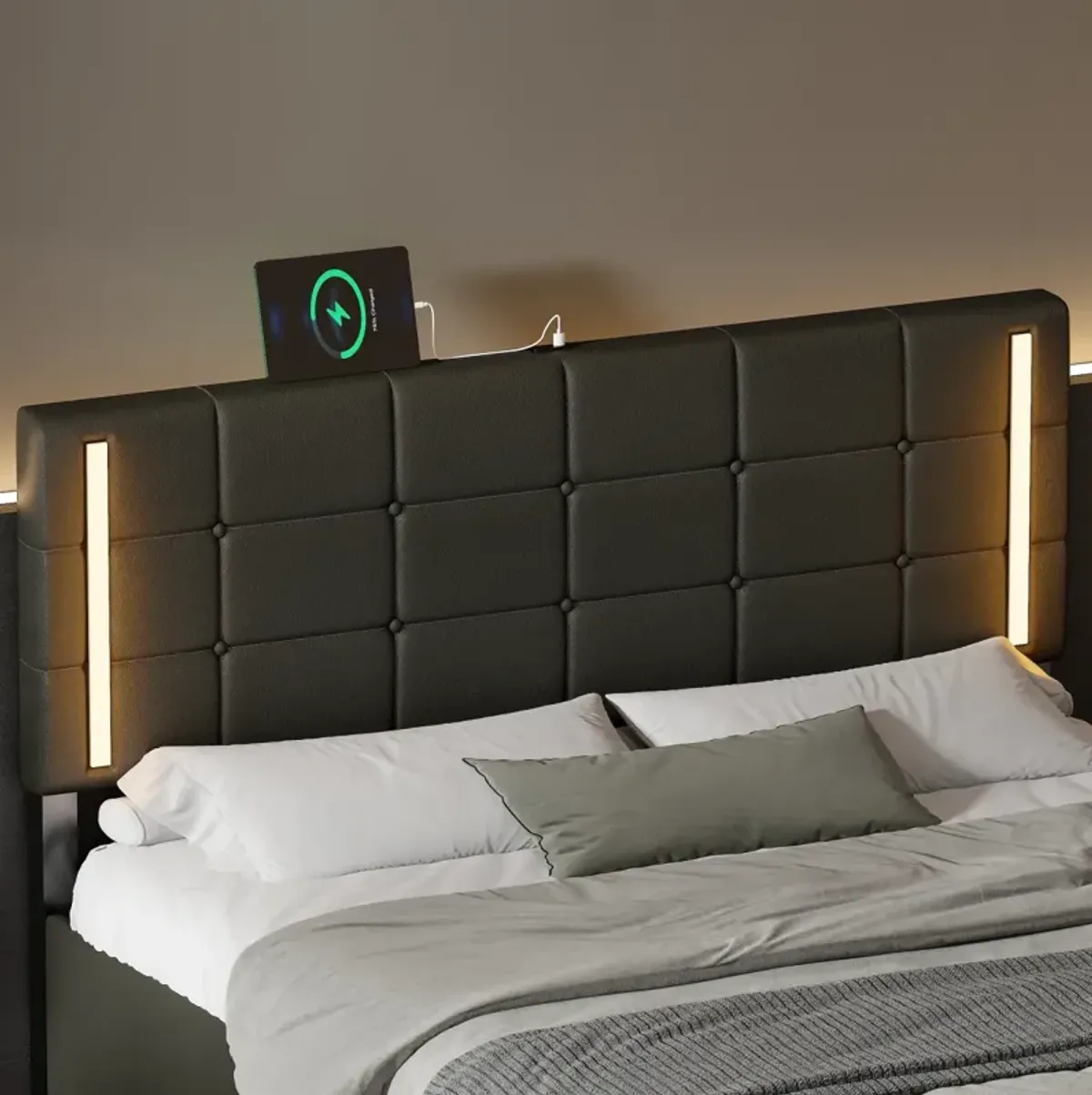 Queen Size Upholstered Bed With LED Lights, Hydraulic Storage System And USB Charging Station