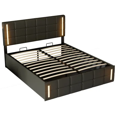 Queen Size Upholstered Bed with LED Lights, Hydraulic Storage System and USB Charging Station, Black
