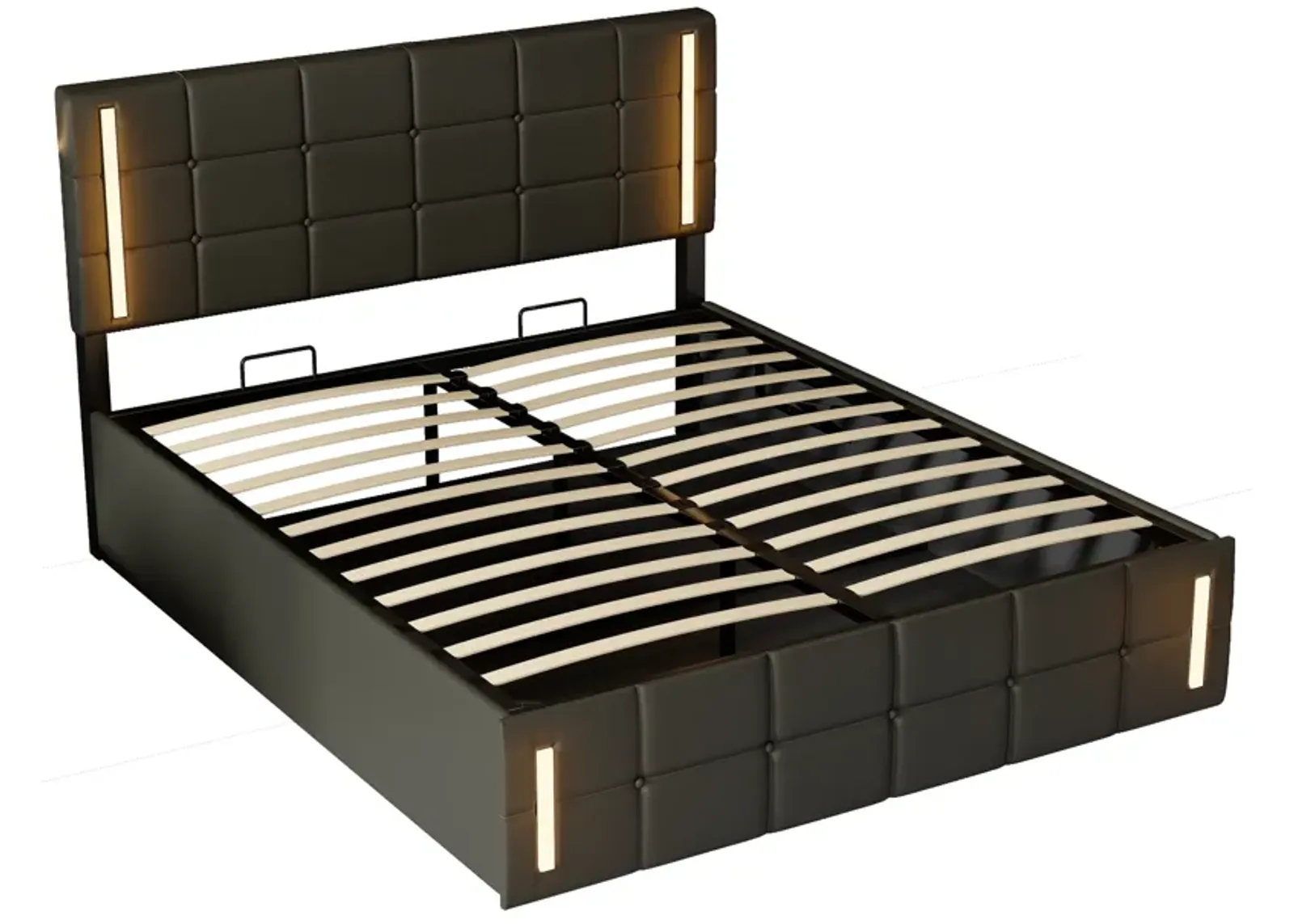 Queen Size Upholstered Bed With LED Lights, Hydraulic Storage System And USB Charging Station