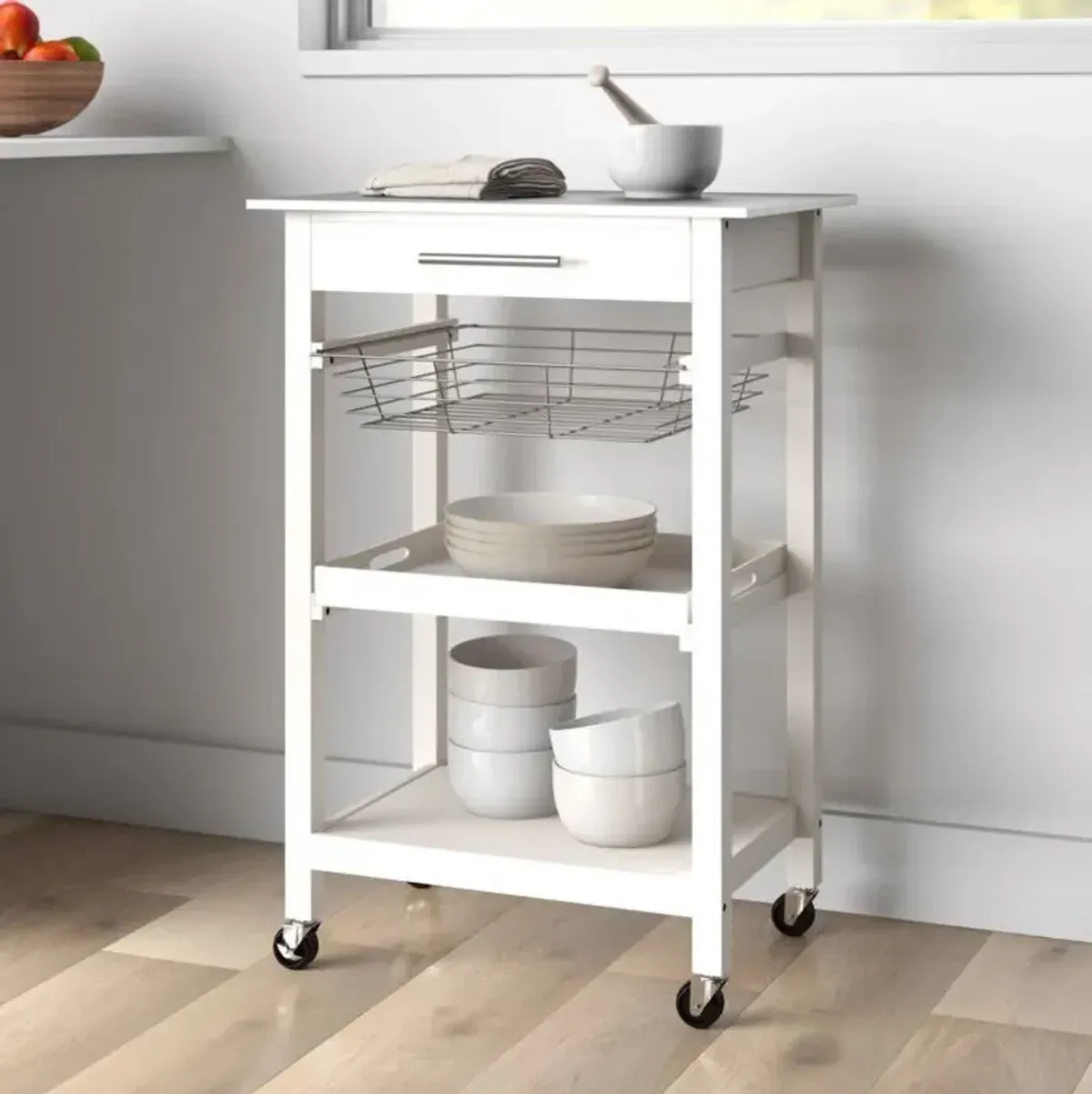 Hivvago White Stainless Steel Top Kitchen Cart with Drawer and Storage Shelves