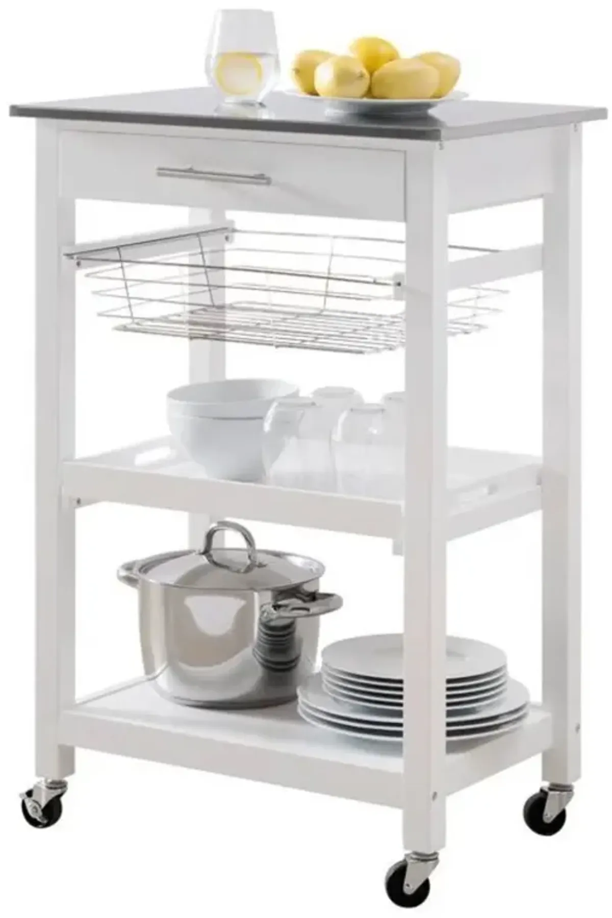 Hivvago White Stainless Steel Top Kitchen Cart with Drawer and Storage Shelves