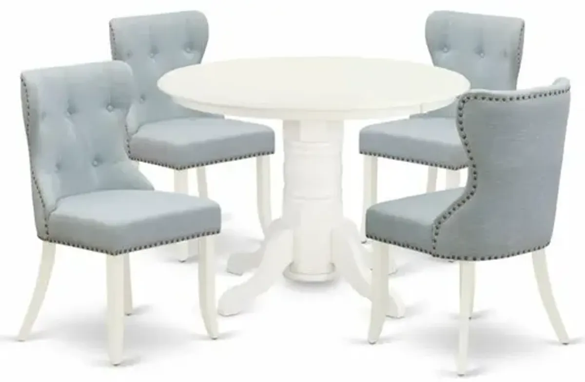 East-West Furniture SHSI5-WHI-15 - A dining room table set of 4 amazing parson chairs with Linen Fabric Baby Blue color and a gorgeous wood table with Linen White color