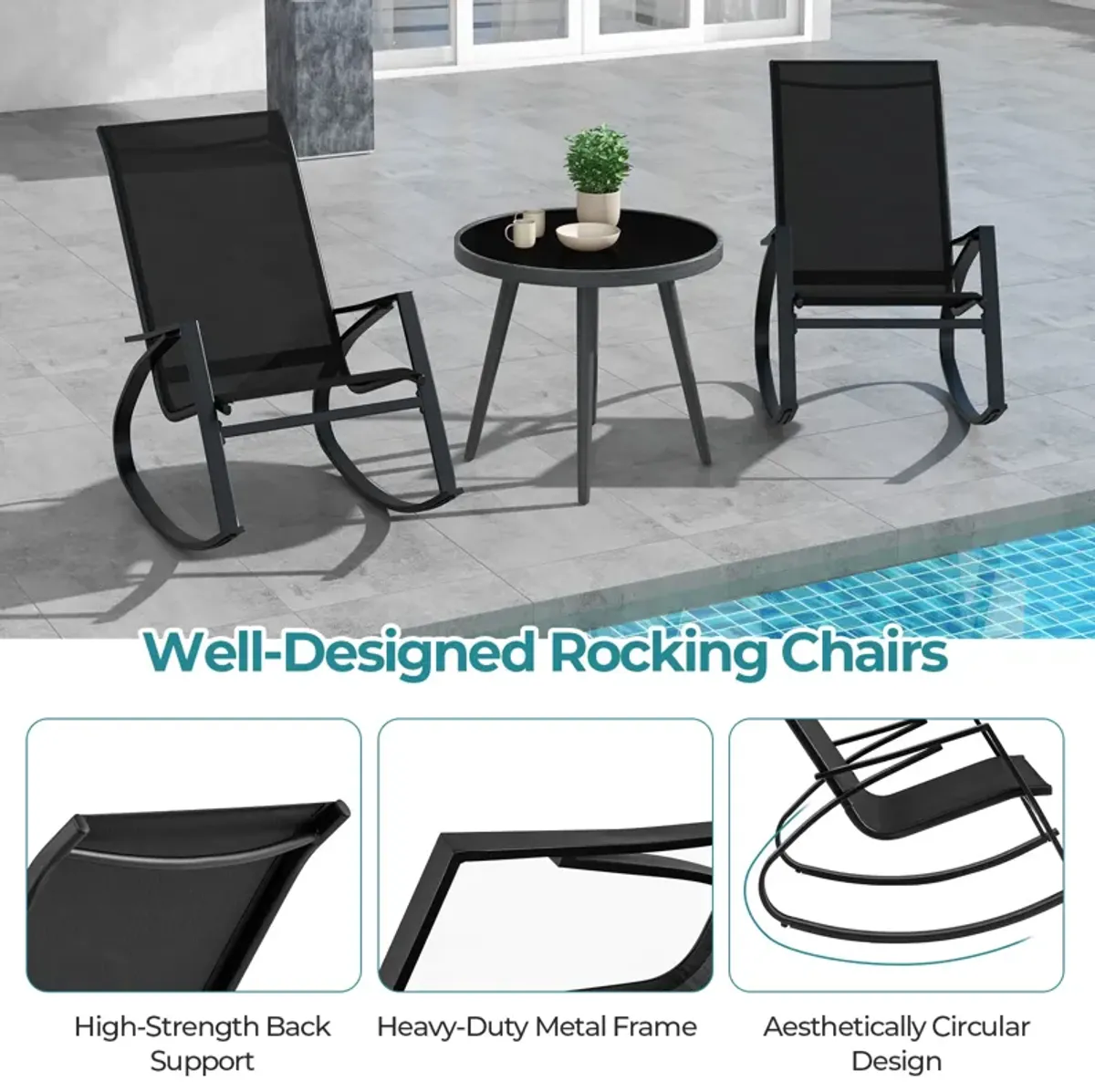 2 Pieces Patio Rocking Chairs Outdoor Sling Fabric Rockers with Ergonomic Backrest and Seat