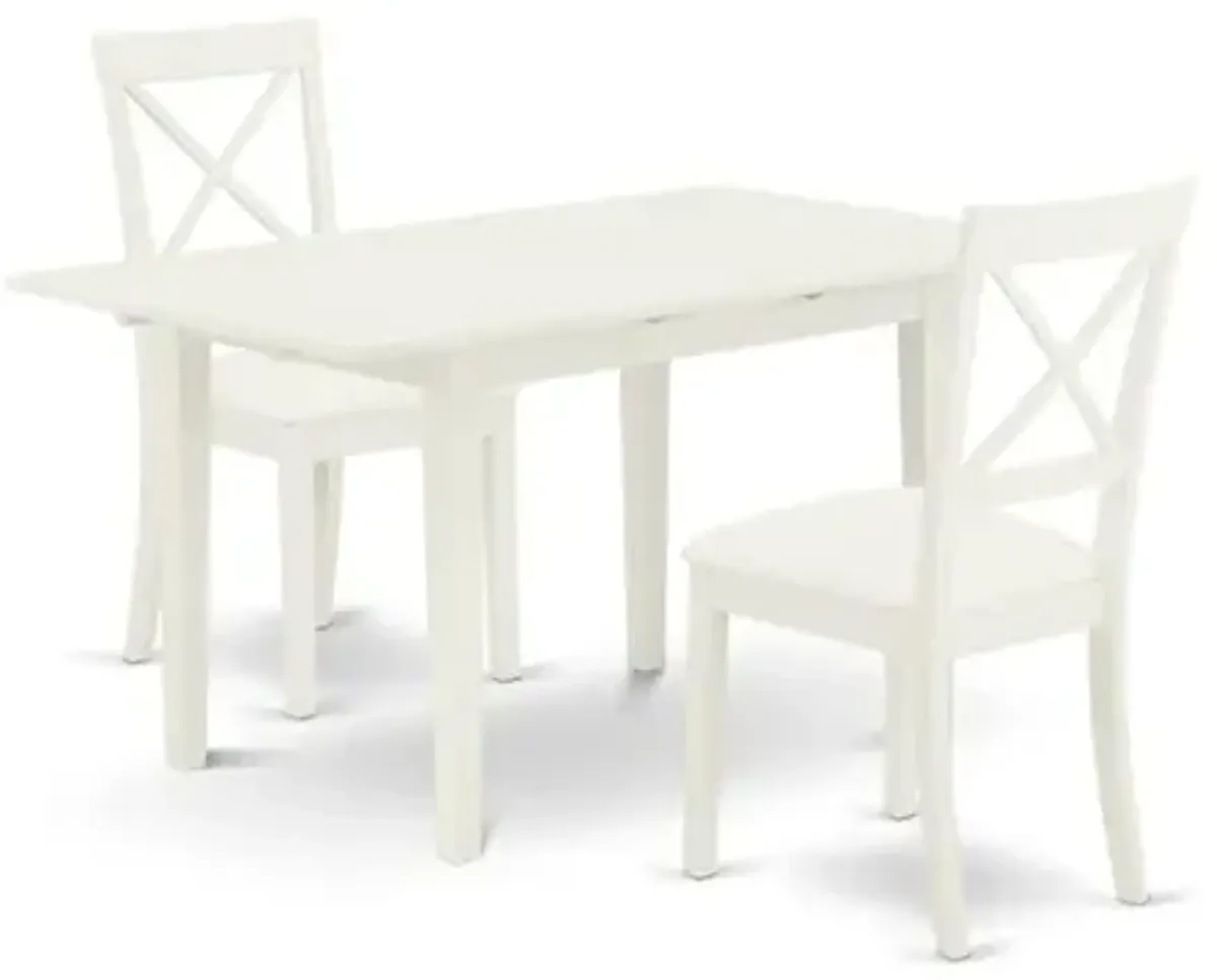 East West Furniture NOBO3-WHI-LC 3-Piece Kitchen Set 2 Dining Room Chairs with X-Back and a Faux Leather Seat and Butterfly Leaf Dining Table with Rectangular Top and 4 Legs- Linen White Finish