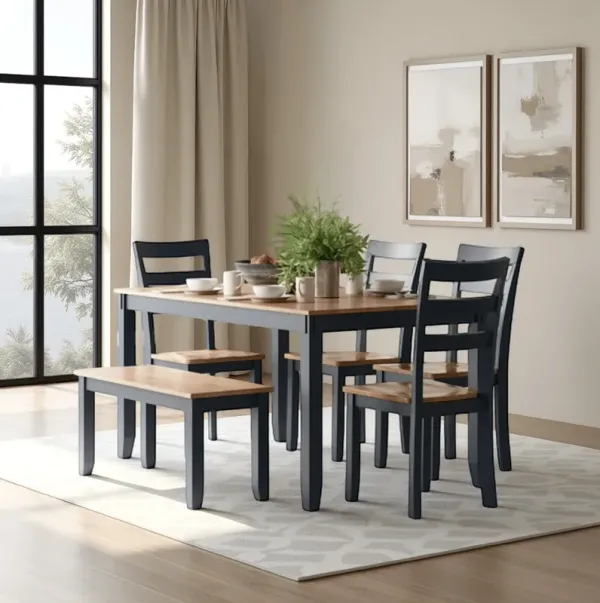 Gasy Dining Table Set with 4 Chairs and 1 Bench, Dark Blue and Brown - Benzara
