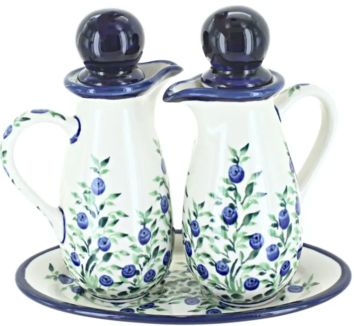 Blue Rose Polish Pottery Flowering Peacock Oil & Vinegar Set