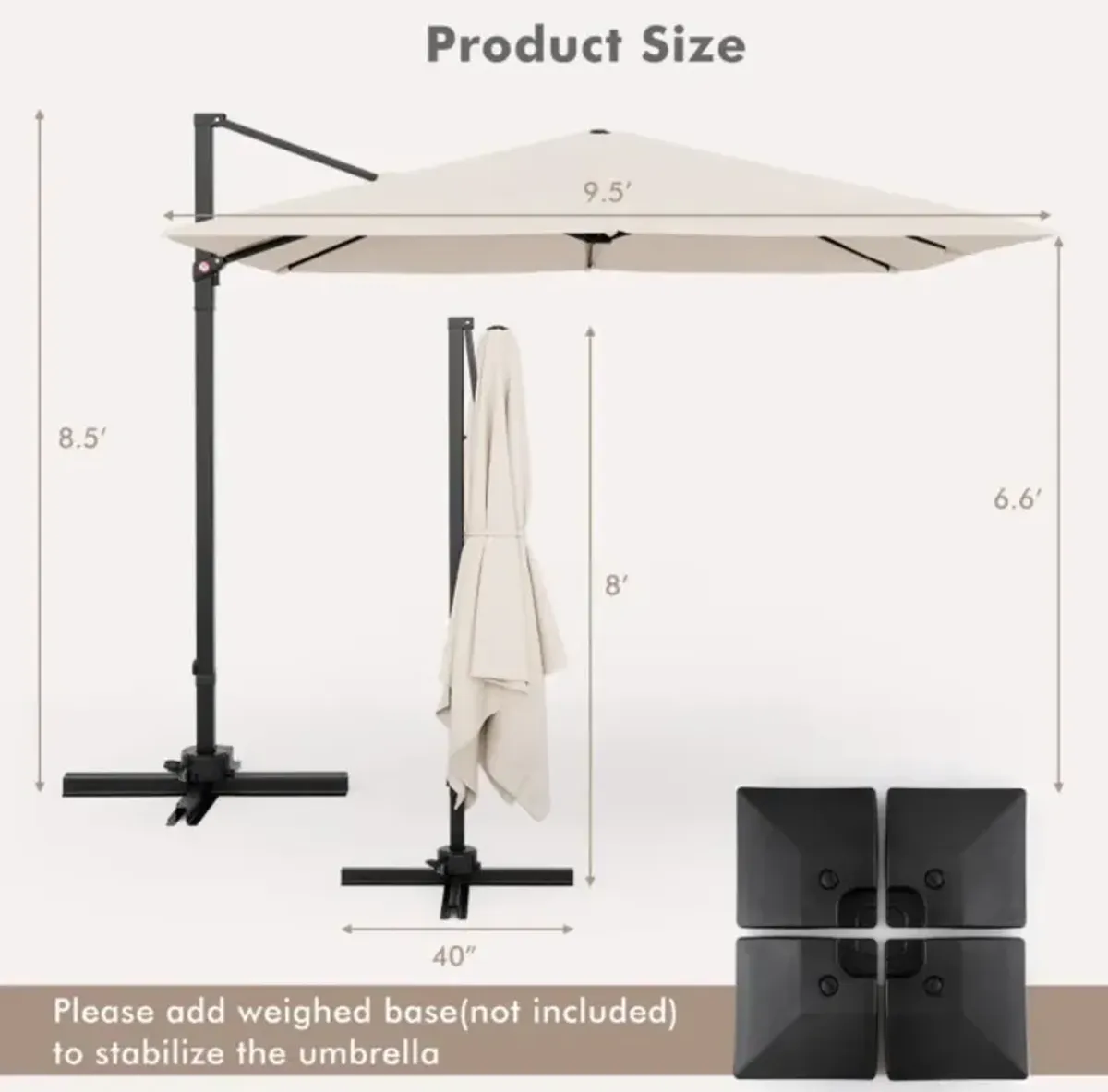 Hivvago 9.5 Feet Square Patio Cantilever Umbrella with 360° Rotation