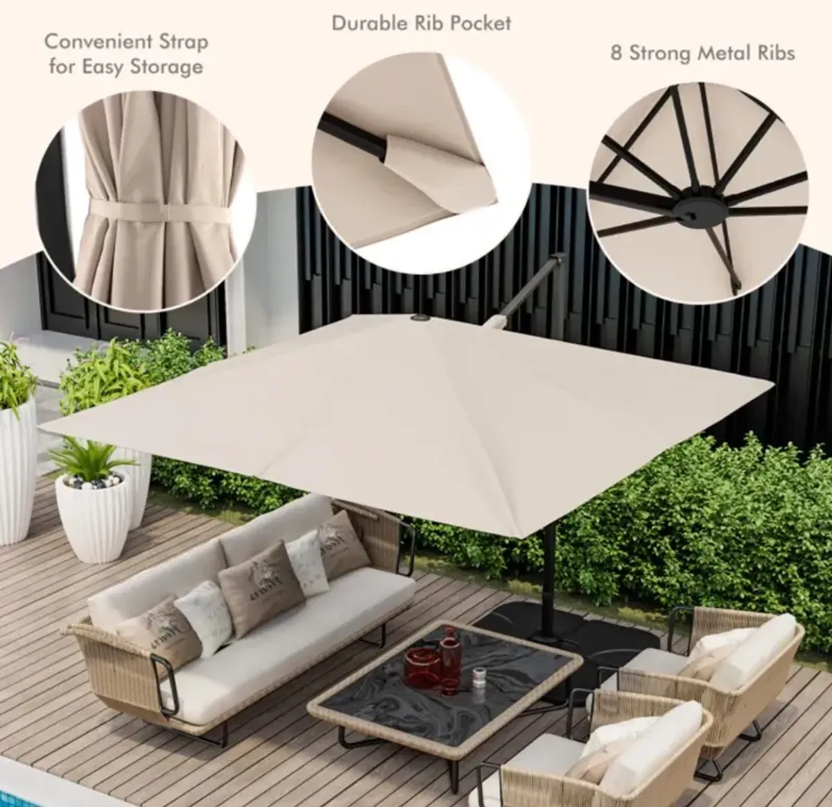 Hivvago 9.5 Feet Square Patio Cantilever Umbrella with 360° Rotation