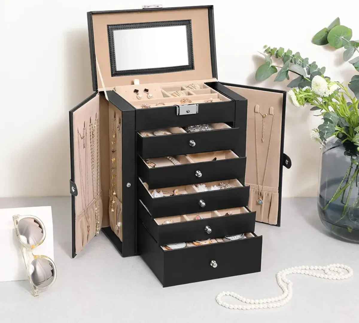 6-Tier Large Jewelry Box with Drawers, Mirror & Lock - Organizer for All Jewelry Types