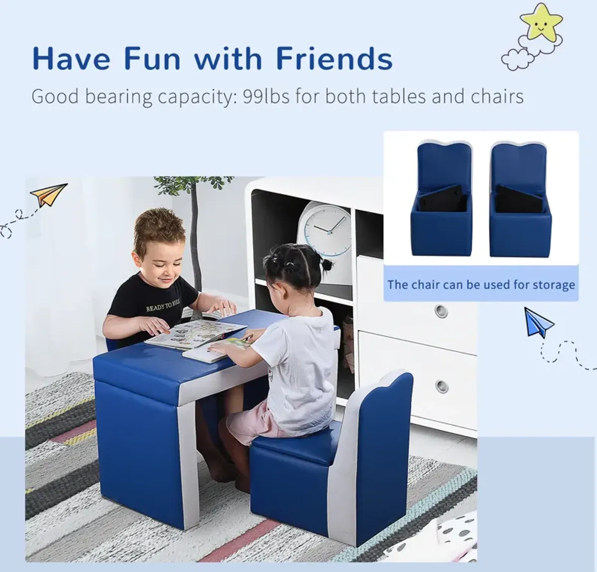 Kids Leather Sofa Armchair Multi-functional Table Chair Set Storage Blue