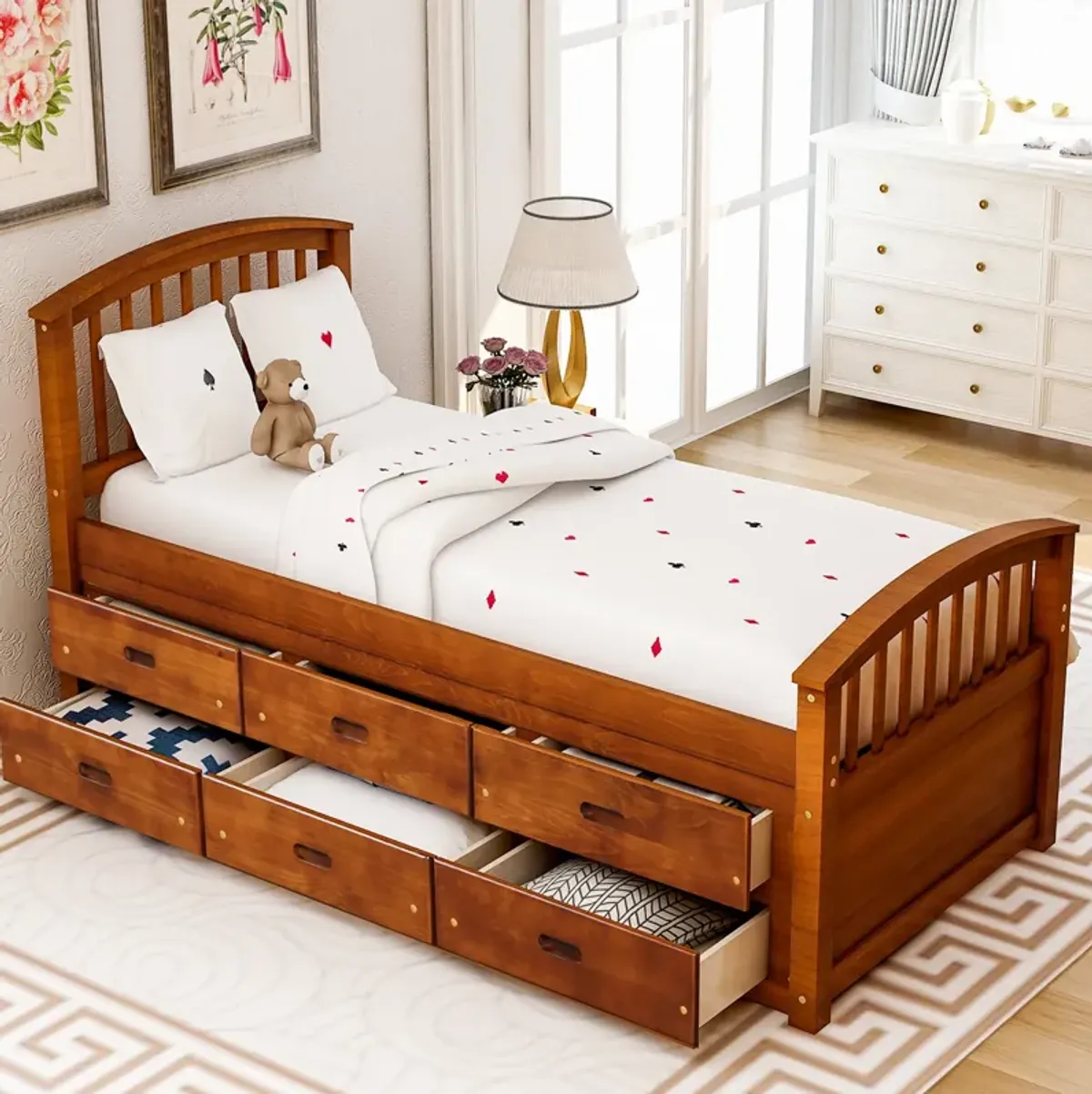 Merax Solid Wood Platform Storage Bed with 6 Drawers