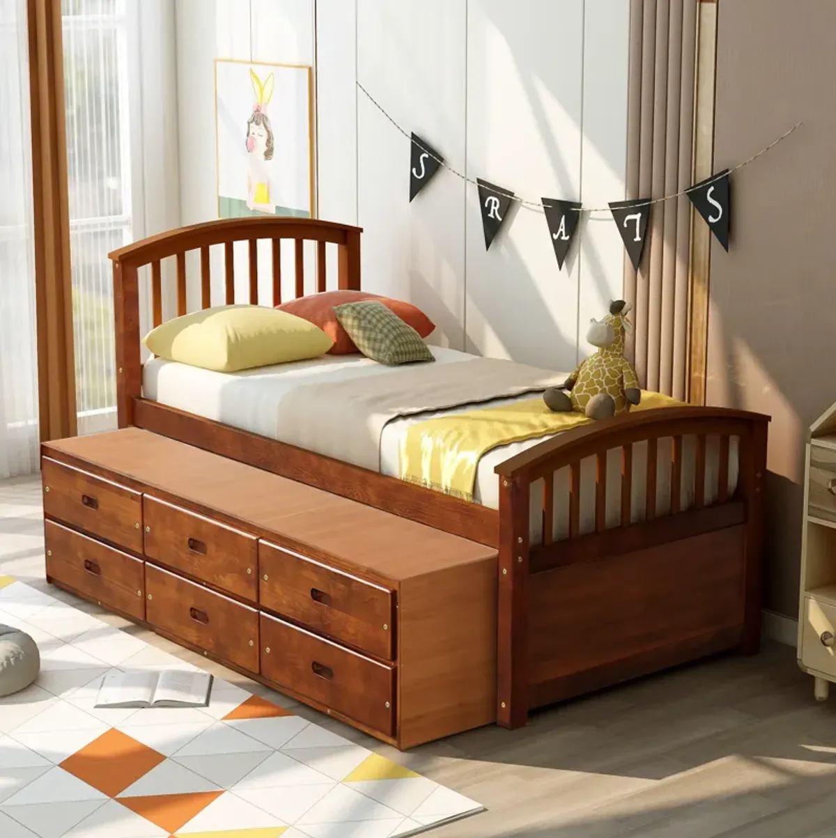 Merax Solid Wood Platform Storage Bed with 6 Drawers