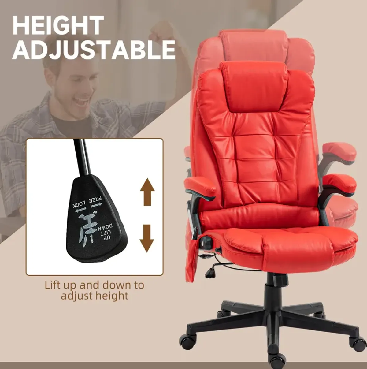 Red Heated Massage Office Chair: Reclining, 6 Vibration Points