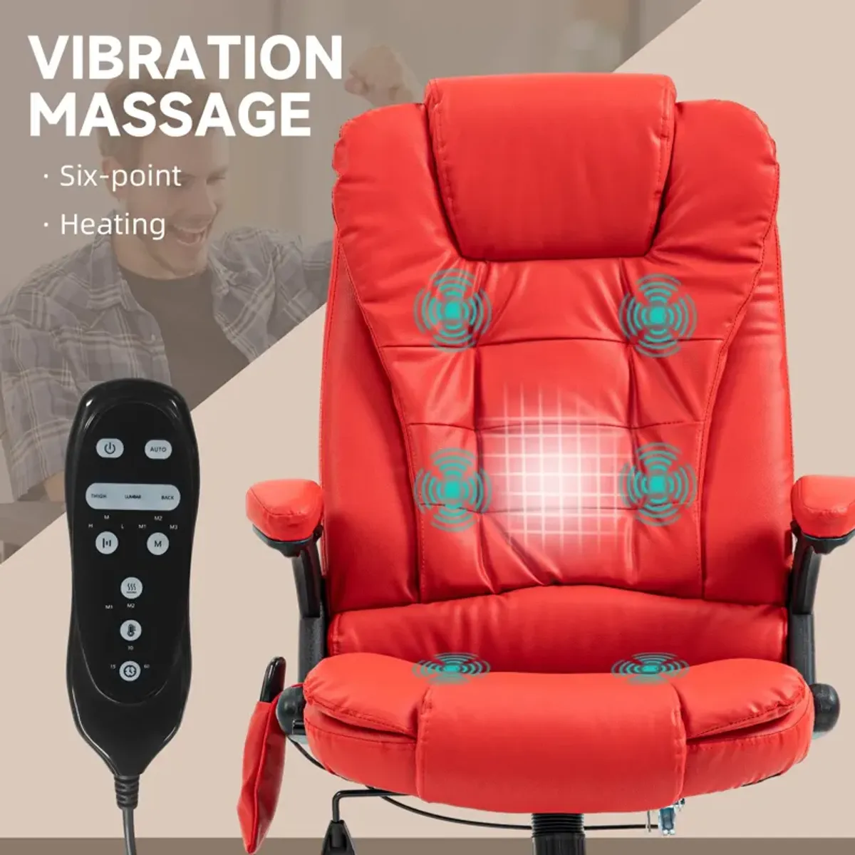 Red Heated Massage Office Chair: Reclining, 6 Vibration Points