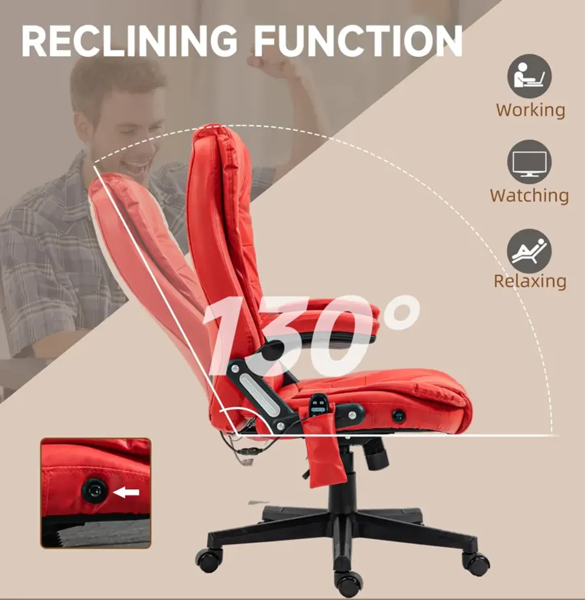 Red Heated Massage Office Chair: Reclining, 6 Vibration Points