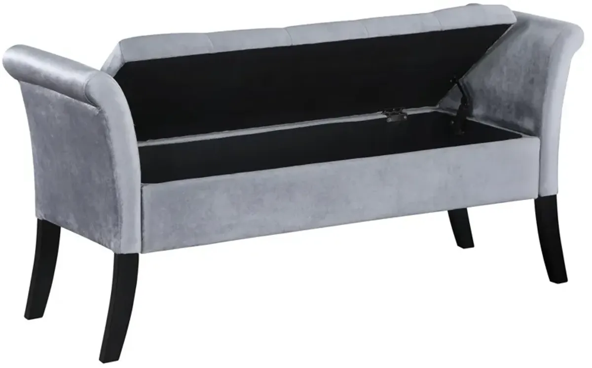 Ako 52 Inch Storage Bench, Button Tufting, Flared Arms, Gray Upholstery - Benzara