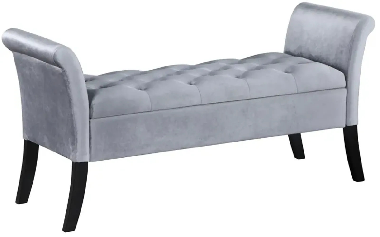 Ako 52 Inch Storage Bench, Button Tufting, Flared Arms, Gray Upholstery - Benzara