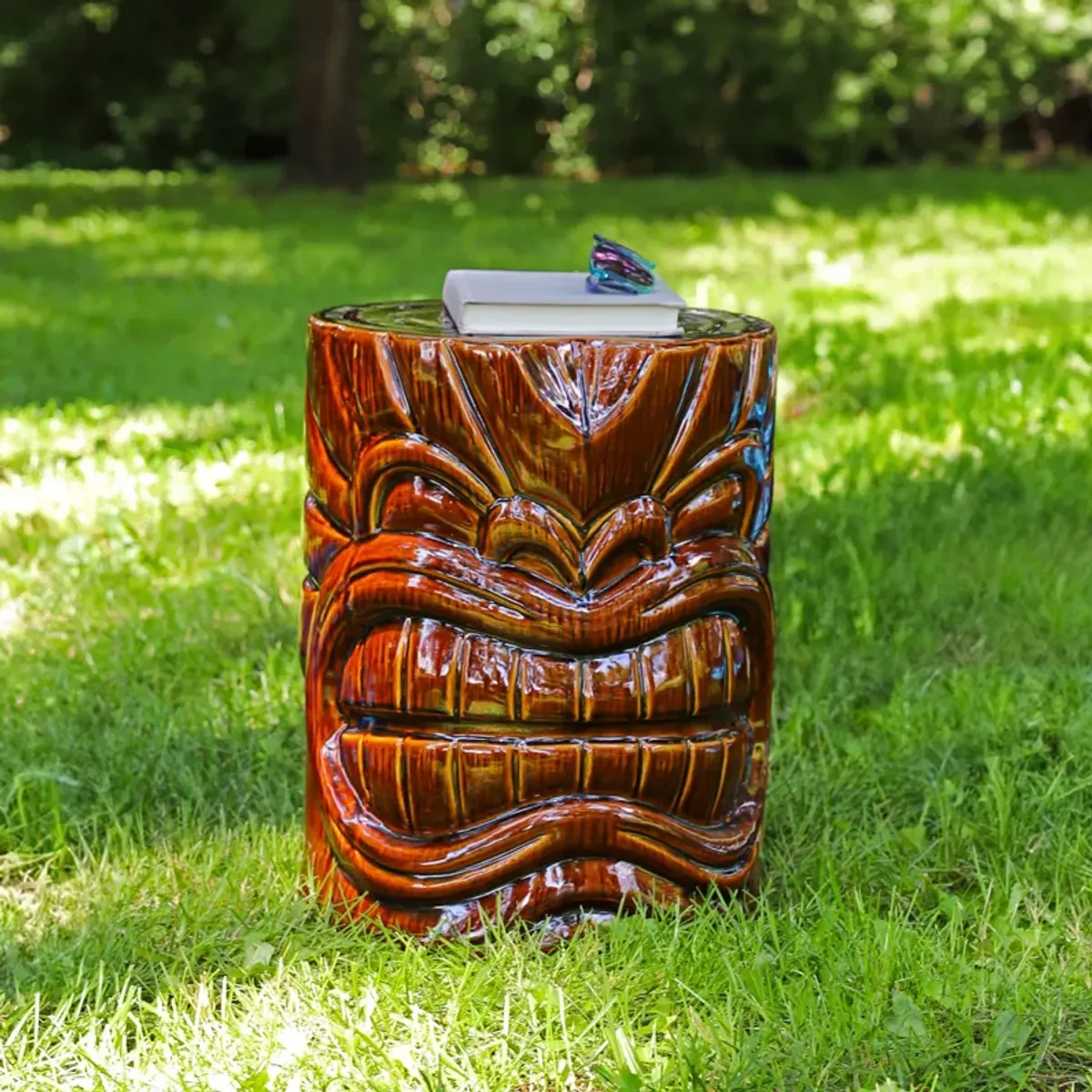 Sunnydaze Wood-Look Tiki Head Ceramic Garden Stool - 17”