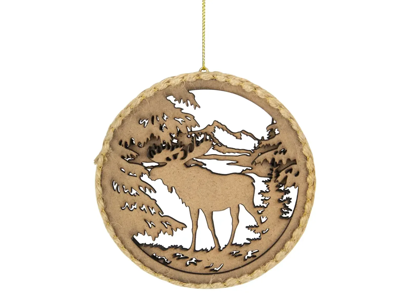 4.25 in Moose with Forest Trees Disk Christmas Ornament  Brown