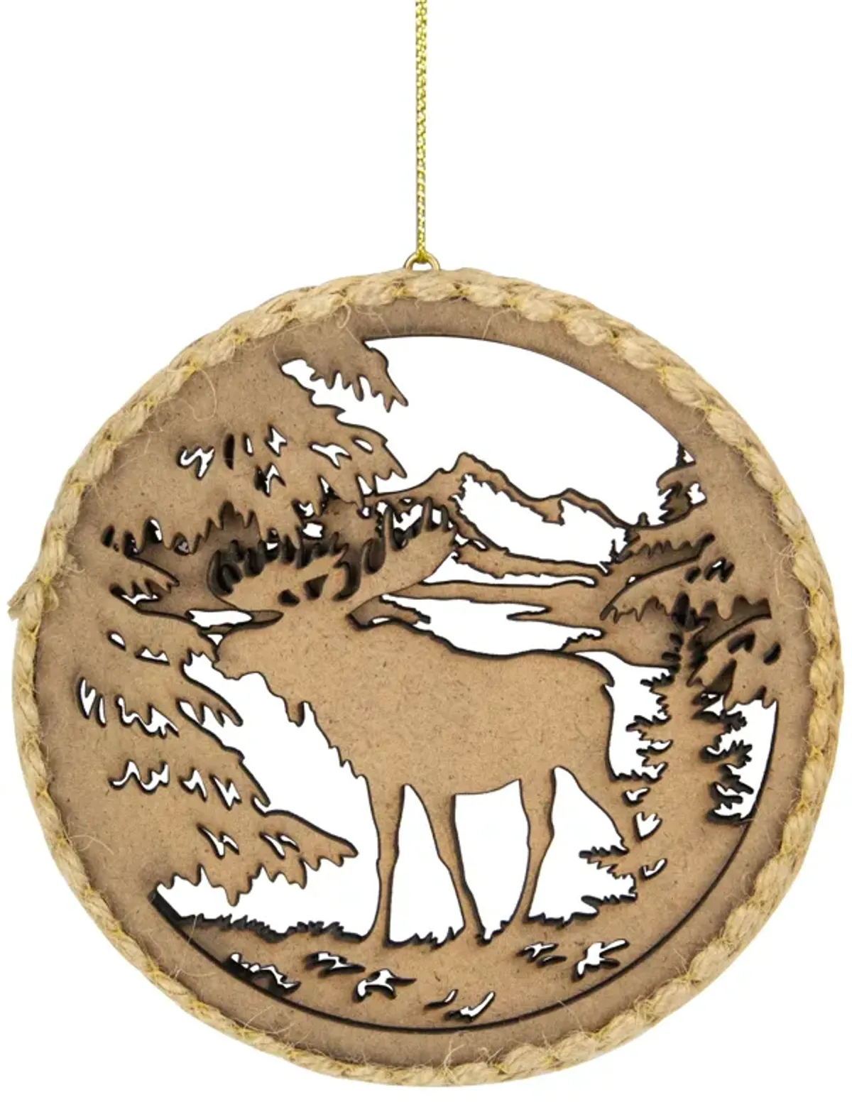 4.25 in Moose with Forest Trees Disk Christmas Ornament  Brown