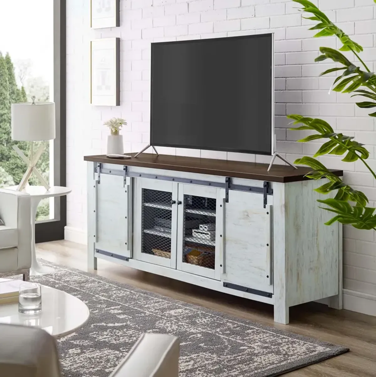 Modway Bennington 70" Rustic Sliding Door Buffet Table Sideboard, 71" TV Stand, White