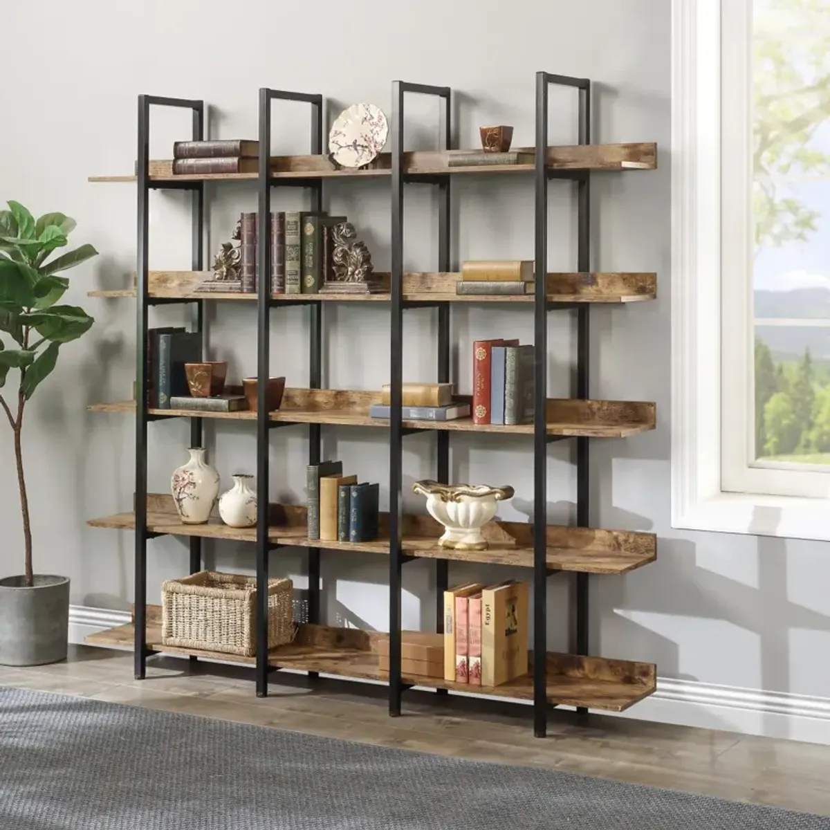 5 Tier Bookcase Home Office Open Bookshelf, Vintage Industrial Style Shelf with Metal Frame, MDF Board